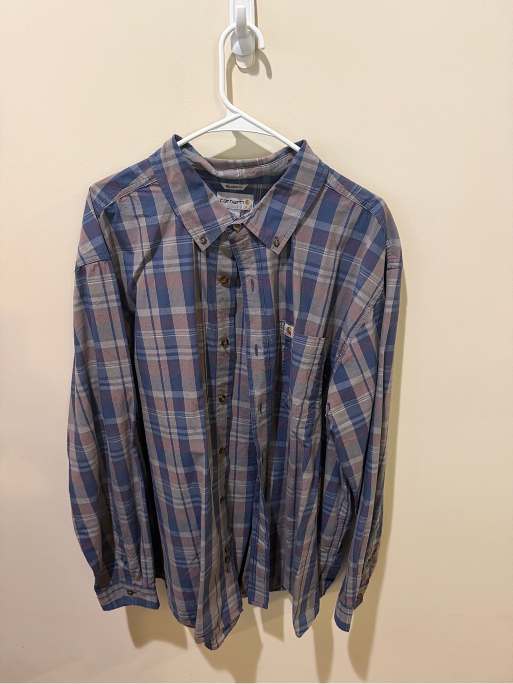 Carhartt Men's Blue and Brown Plaid Button-Down Shirt